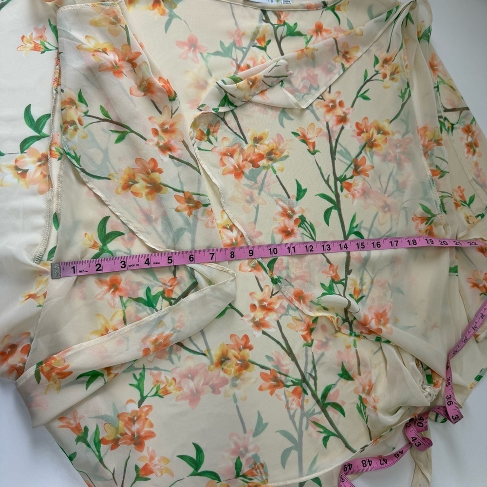 Susan Graver Blouse Womens Size Large Split Sleeve Orange Green Sheer Floral Top - Picture 10 of 10